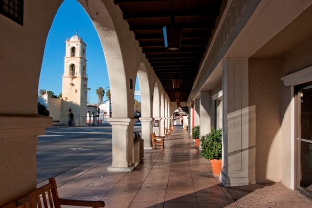 Famous Ojai landmark: Post Office Tower in the background, and the shopping arcade in the foreground.